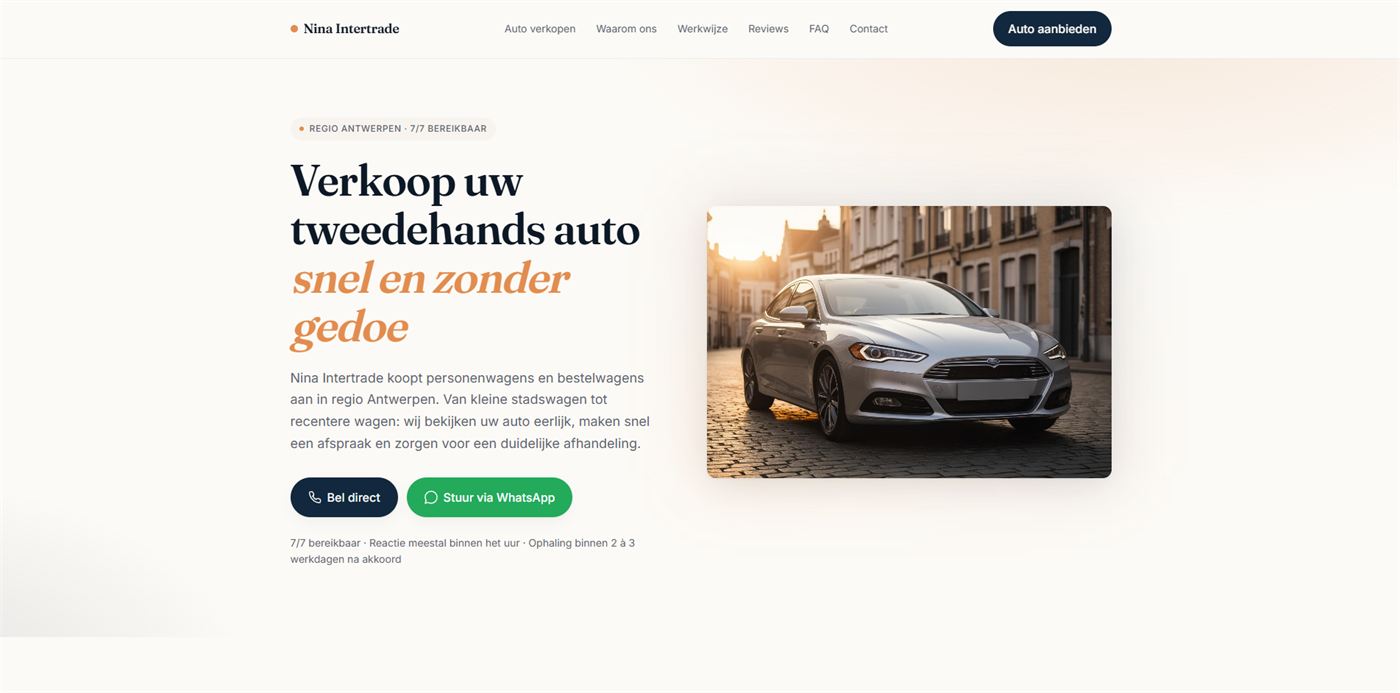 Screenshot van de website van Nina Intertrade
