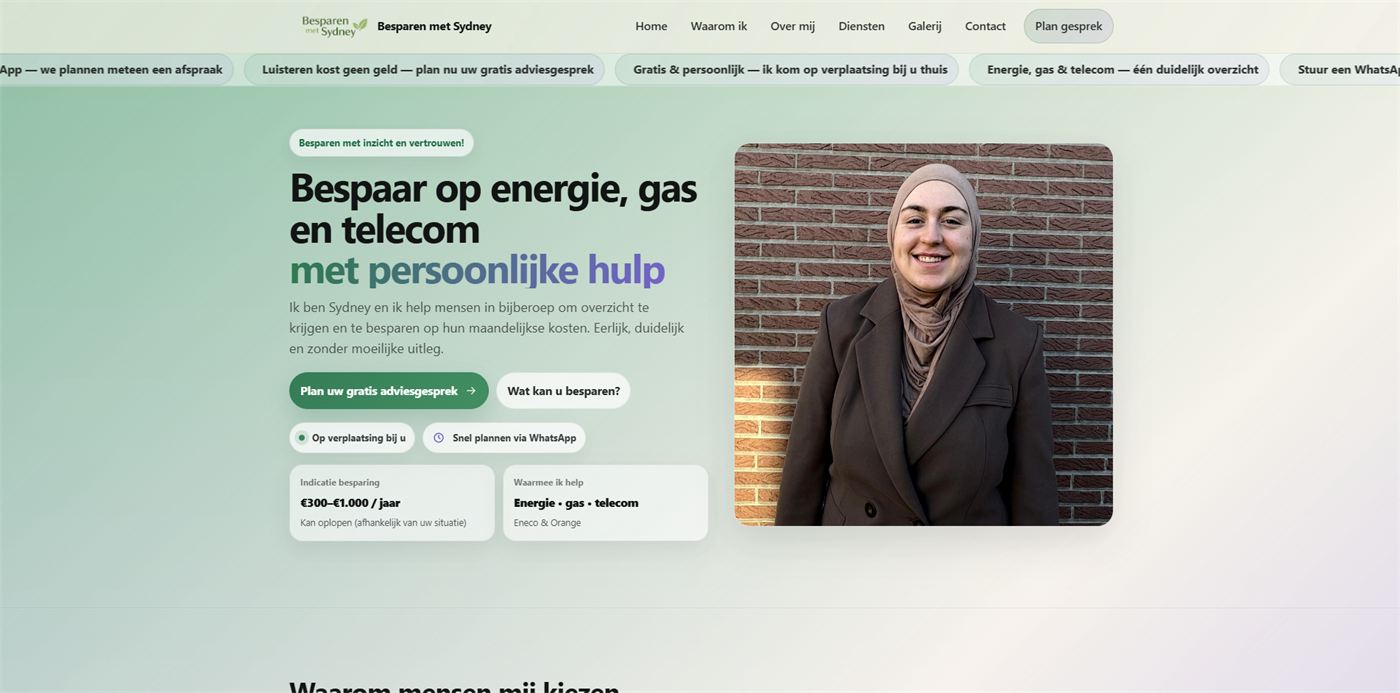 Screenshot van de website van Besparen met Sydney